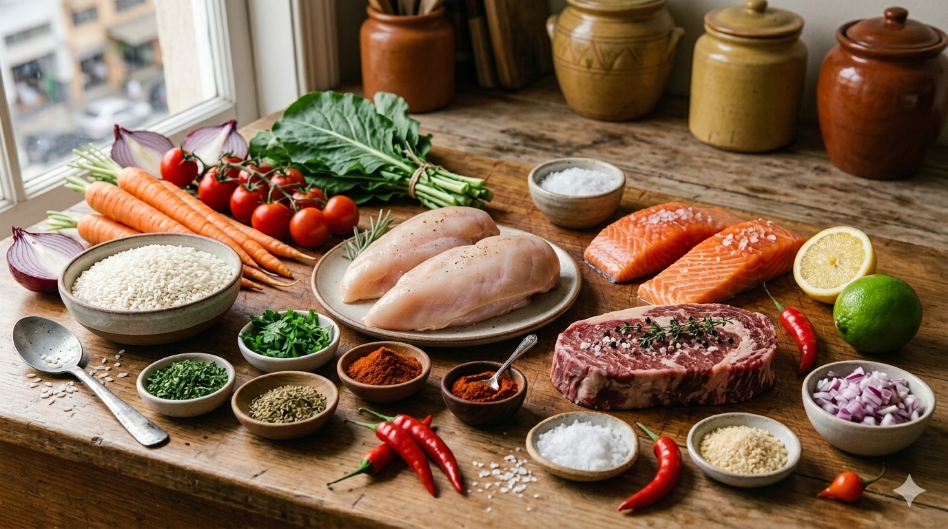 Ingredientes e temperos para diferentes tipos de alimentos