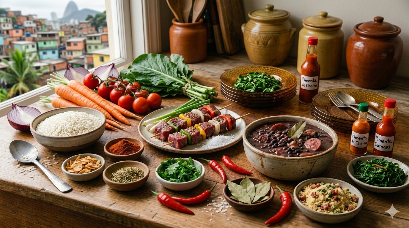 Misturas de temperos, condimentos e ingredientes em composição culinária
