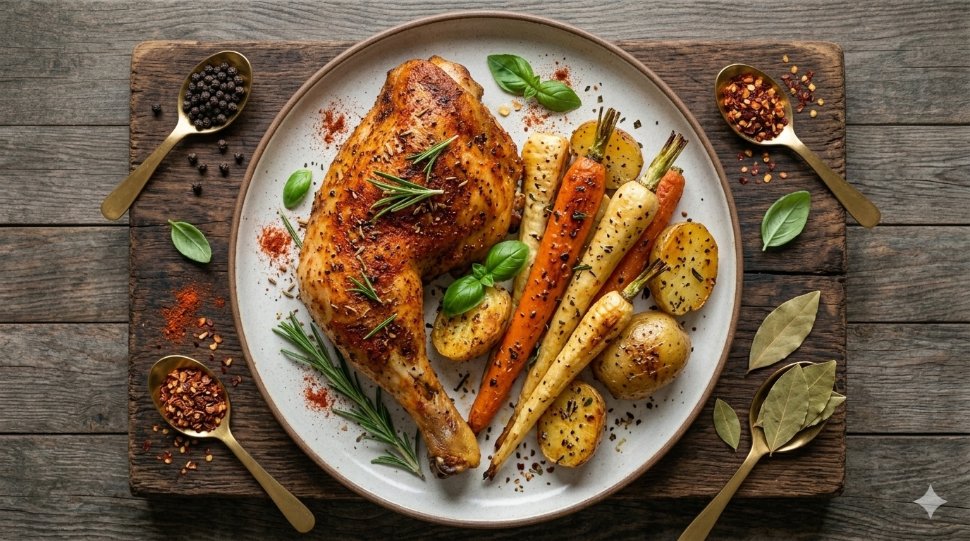 Frango assado e legumes preparados com ervas e especiarias