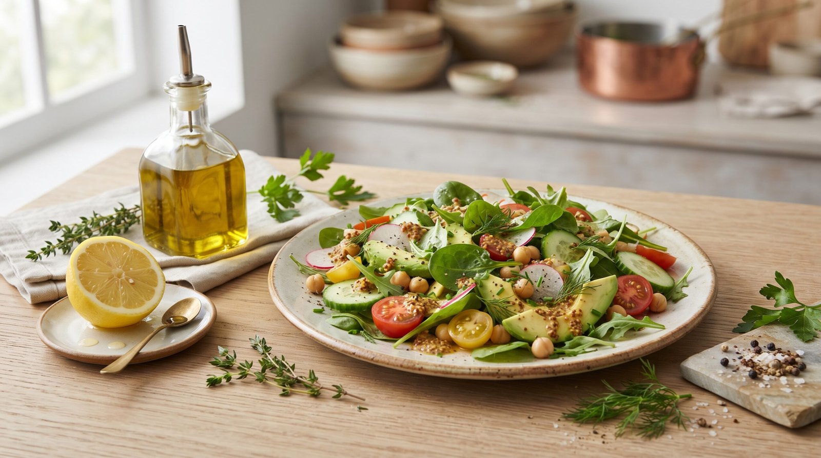 Salada fresca com ervas, azeite, limão e temperos aromáticos