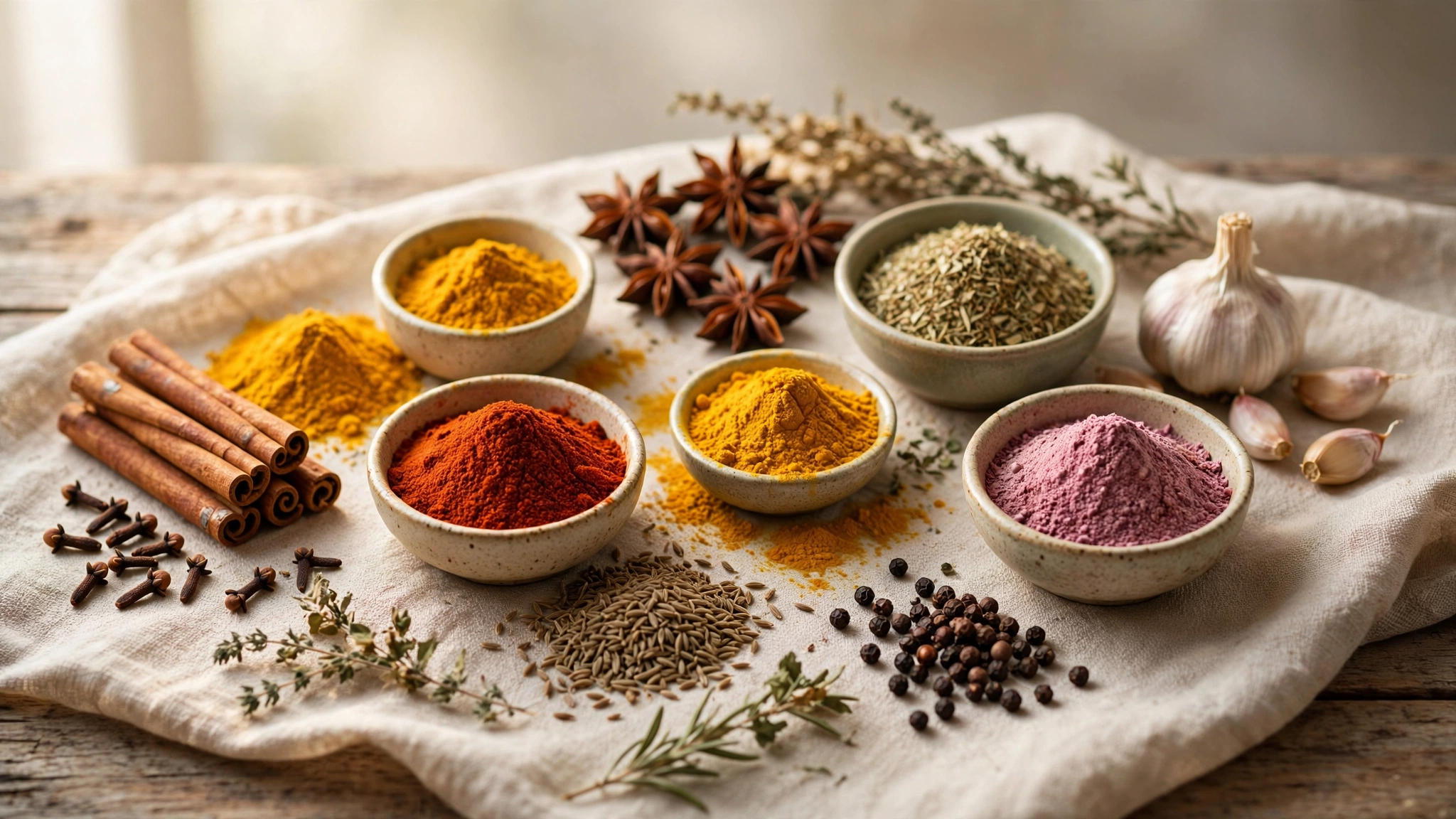 Temperos e especiarias variados organizados em composição culinária